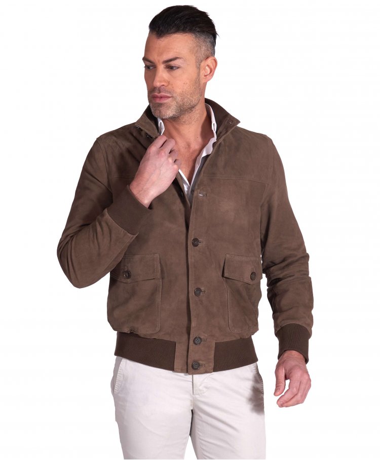 Taupe suede leather bomber jacket buttons and patch pockets