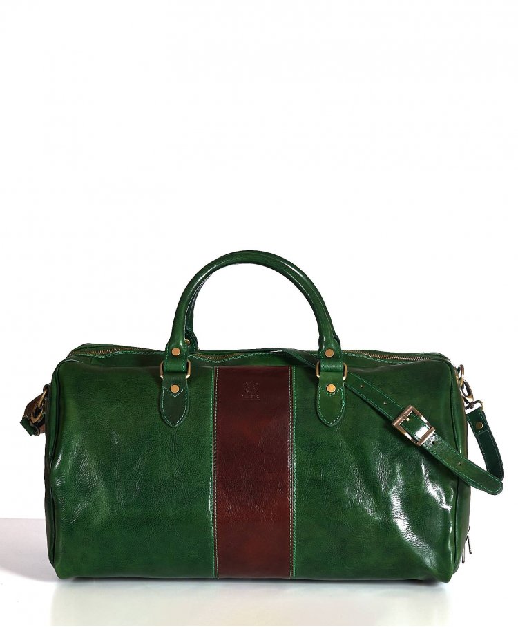 Green brown leather travel bag with zipper closure