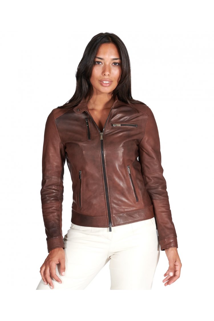 Brown natural lamb leather biker jacket four zipper pockets