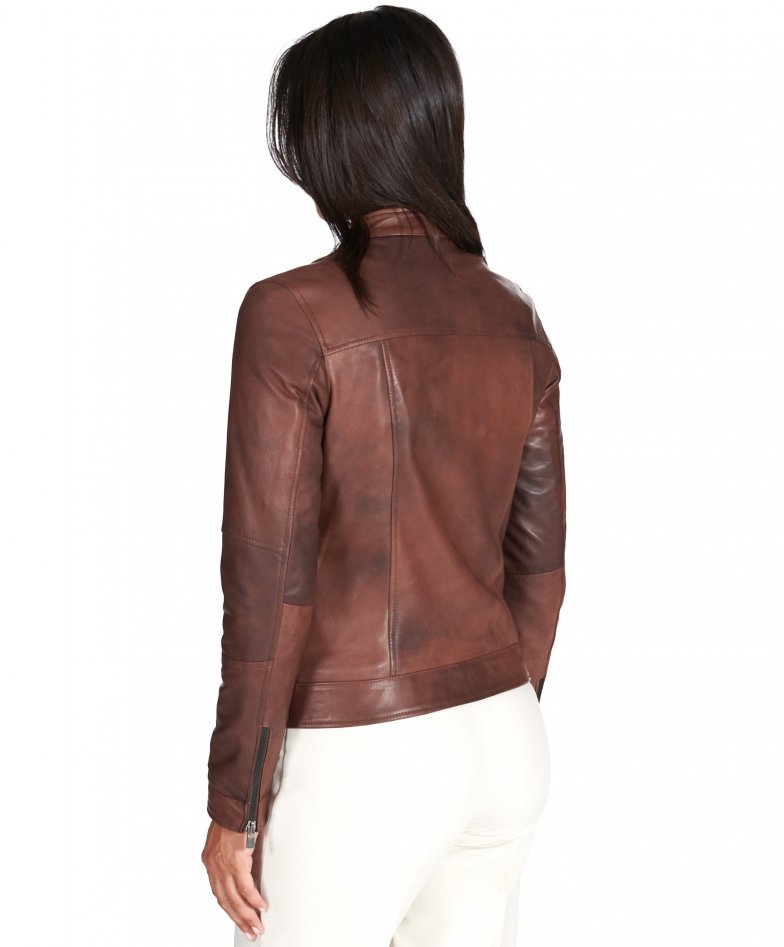 Brown natural lamb leather biker...