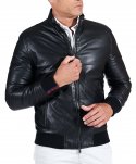 Black padded leather bomber jacket korean collar with zipper 