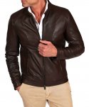 Dark brown lamb leather biker jacket korean collar