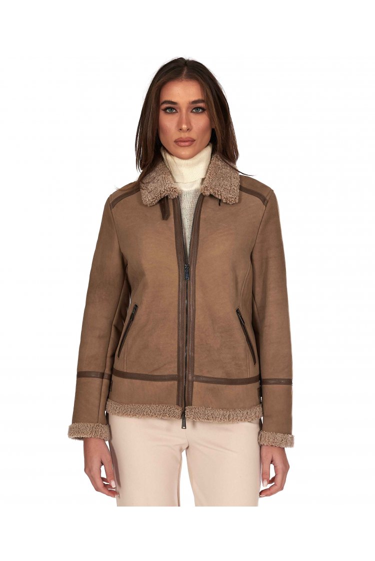 Taupe shearling lamb biker jacket buckles and central zipper