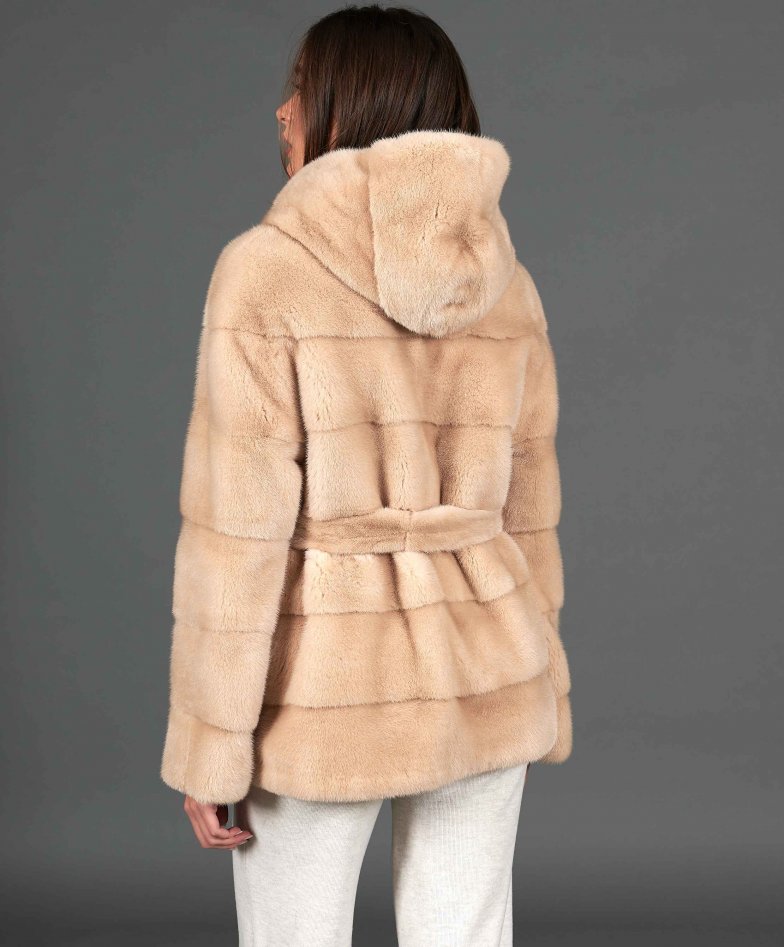 Mink fur jacket hood and belt beige color - Furriers online