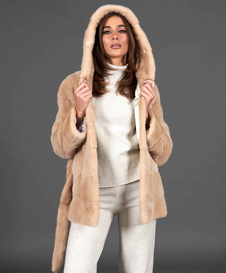 Mink fur jacket hood and belt beige color - Furriers online
