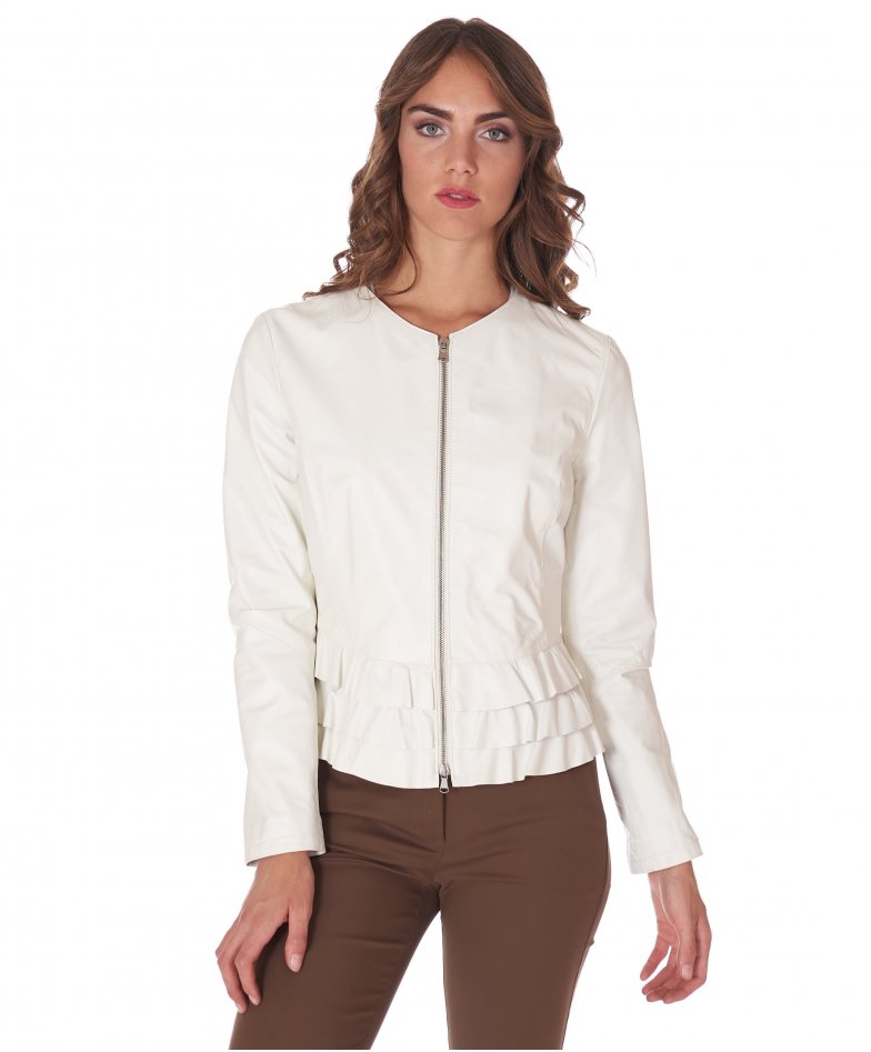 White nappa lamb leather jacket waist flounces