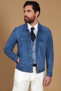 Giacca pelle camoscio blu denim bottoni e collo camicia