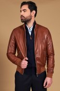 Giubbotto Bomber in pelle naturale color cuoio effetto liscio