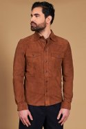 Camicia sfoderata camoscio cuoio con bottoni a pressione