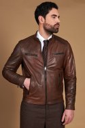 Giacca in pelle marrone effetto vintage quattro tasche