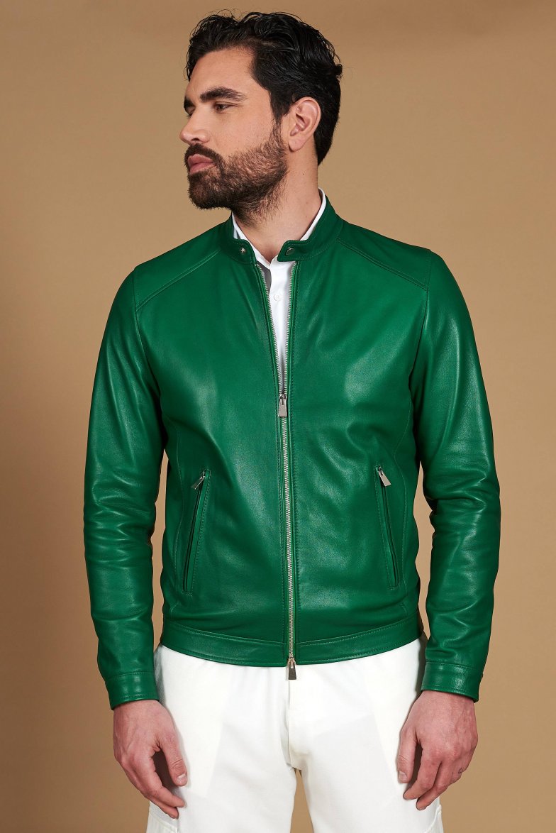 Green natural leather biker jacket...