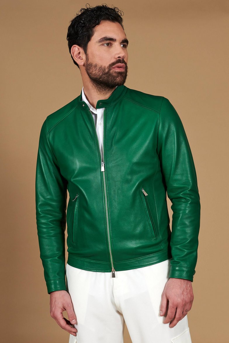 Green natural leather biker jacket...