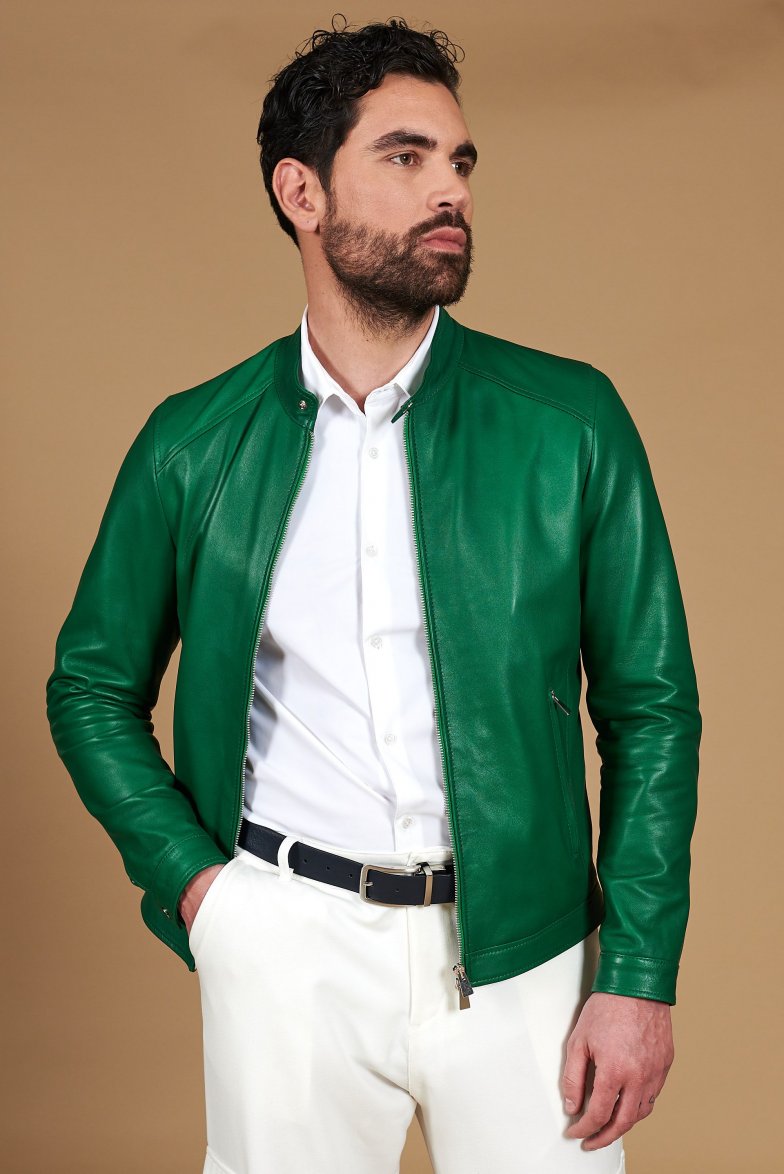 Green natural leather biker jacket...