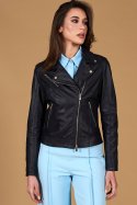 Giacca chiodo in pelle naturale blu avion cerniera trasversale