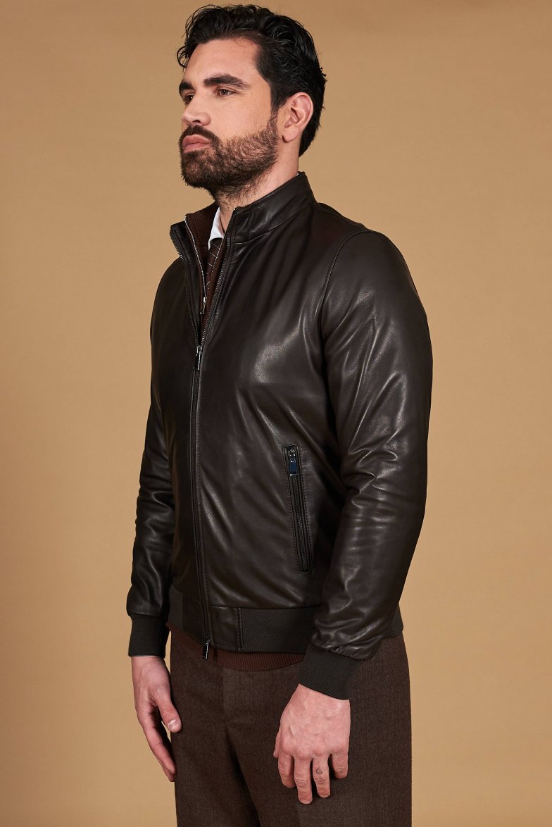 Dark brown nappa lamb leather bomber...