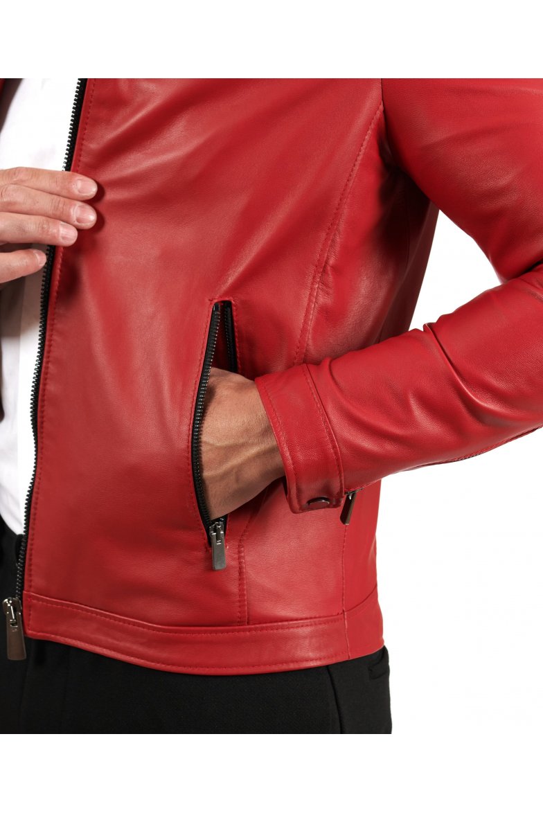 Red nappa leather biker jacket four...
