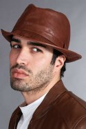 Cappello da uomo in pelle vintage marrone stile borsalino
