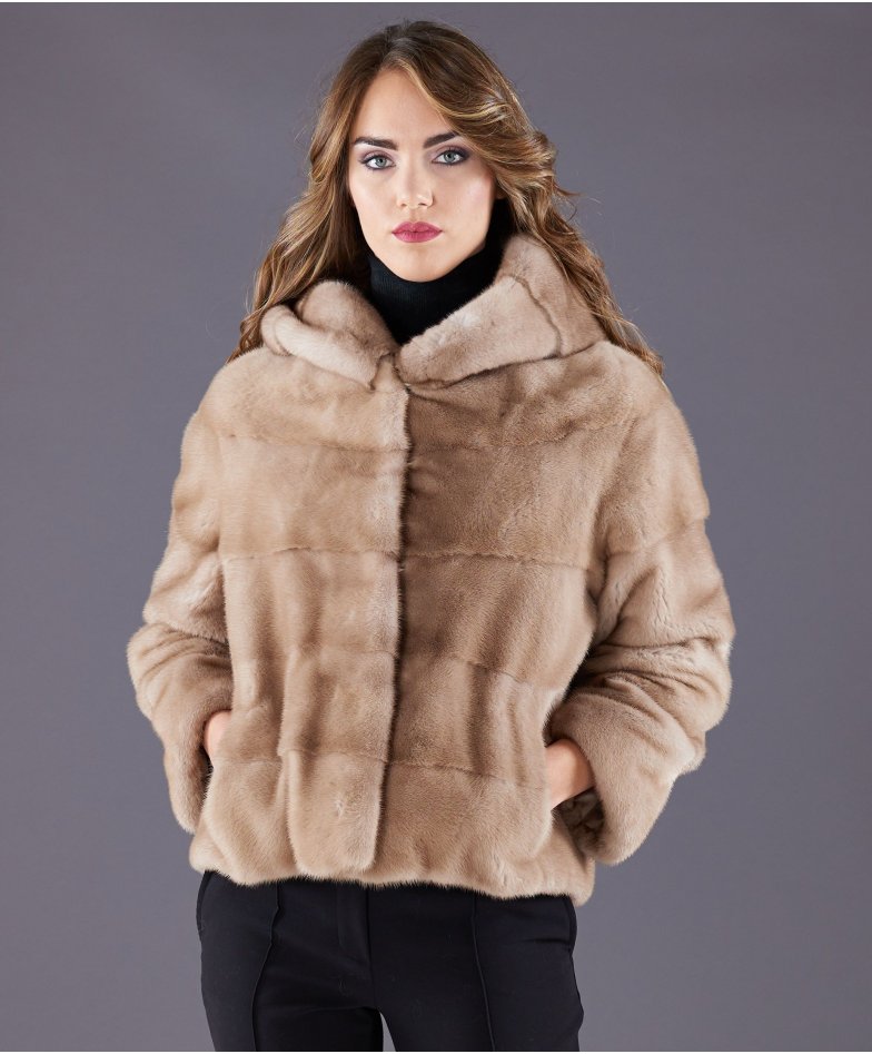 Mink fur jacket with hood sleeve 3/4 beige - Furriers online
