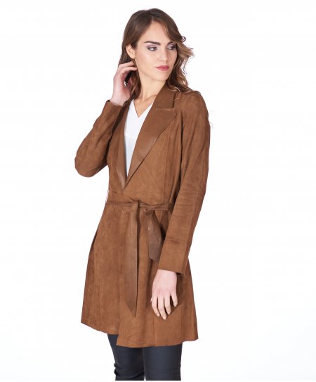 Tan suede belted lamb leather coat