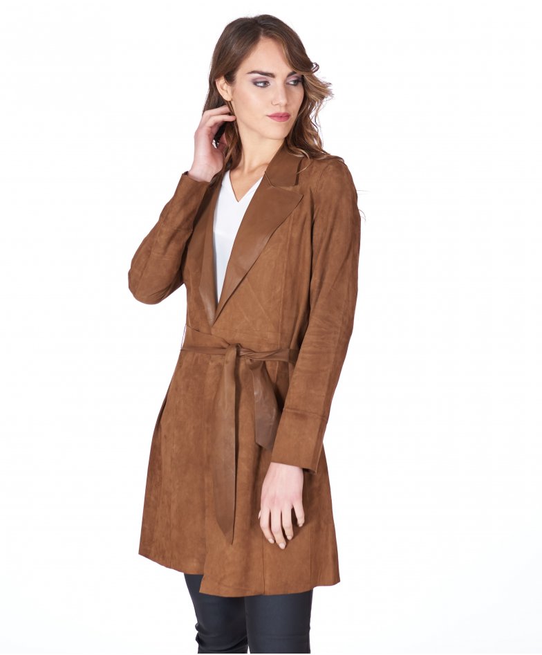 Tan suede belted lamb leather coat