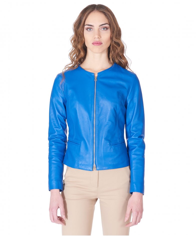 Blue lamb leather jacket round collar smooth aspect