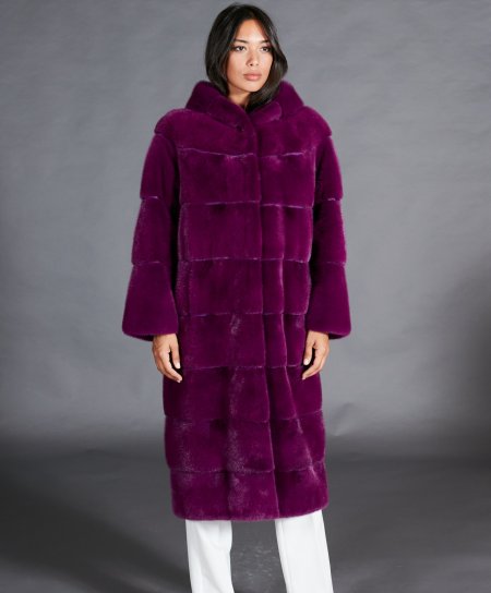 Mink fur coat with hood and long sleeve • purple color