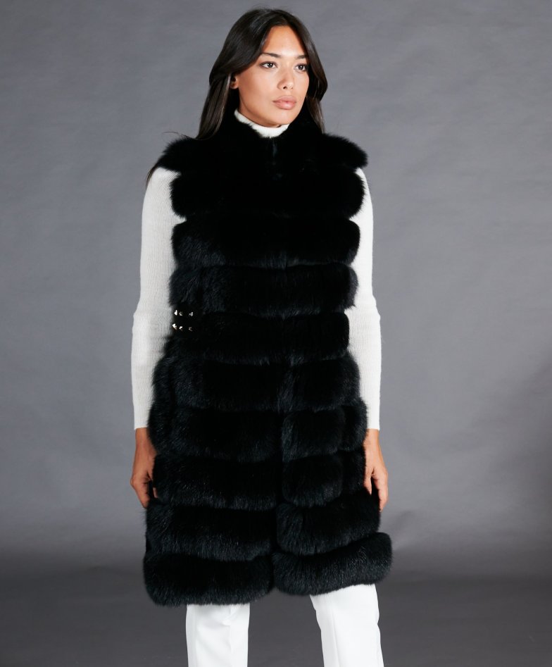 Sleeveless fox fur and persiano lamb coat • black color