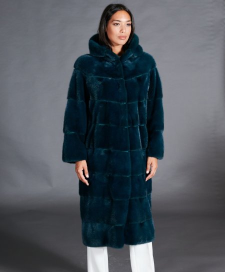 Mink fur coat with hood and long sleeve • petrol color
