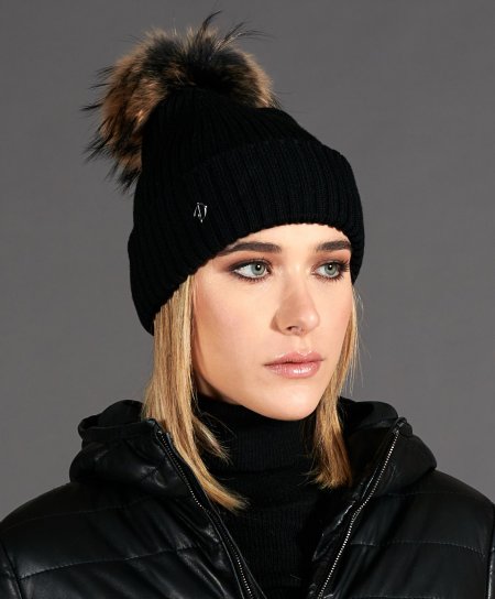 Black beanie hat with black brown fur pompom