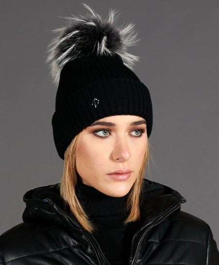 Black beanie hat with black white fur pompom