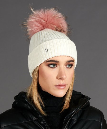 Cream beanie hat with pink fur pompom