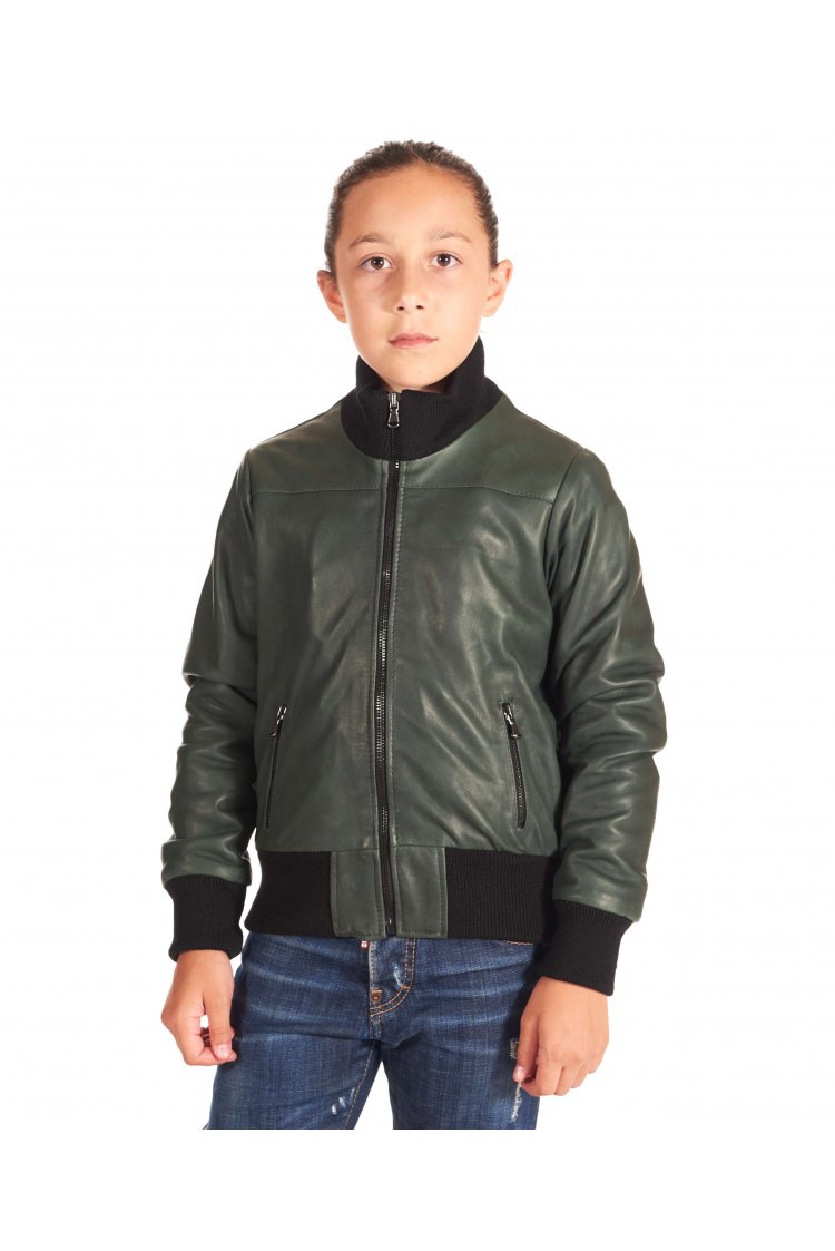 Green baby bomber unisex natural leather jacket