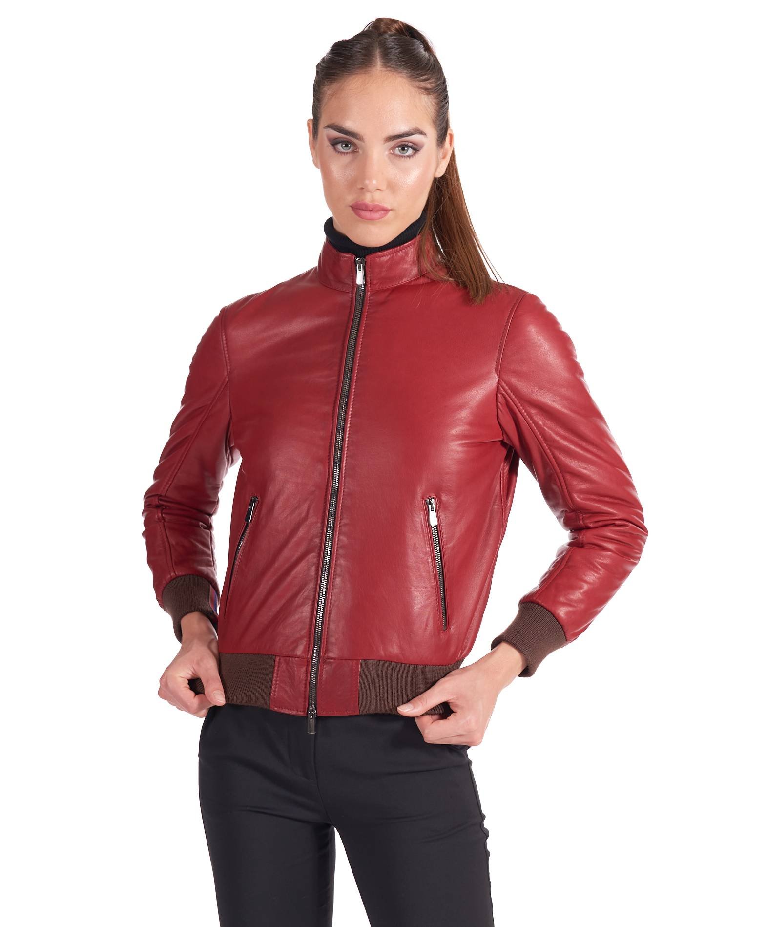 Women's Leather bomber Jacket central zip leather red vinatge G154