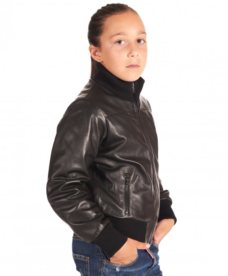 Kids Leather Jacket bomber central zip black Bomber disney | D'Arienzo