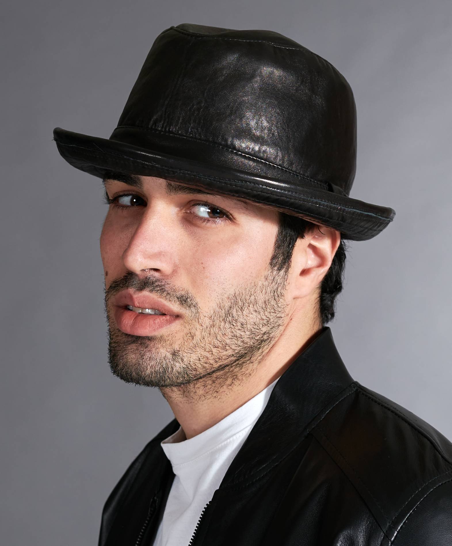 Men's leather hat cap narrow visor jazz borsalino black leather New York