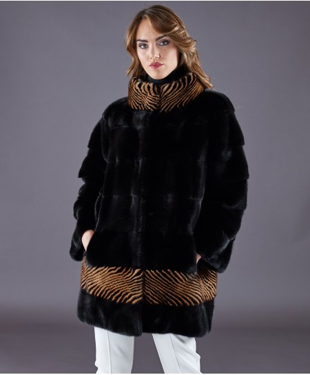 Mink fur coat high collar • black color