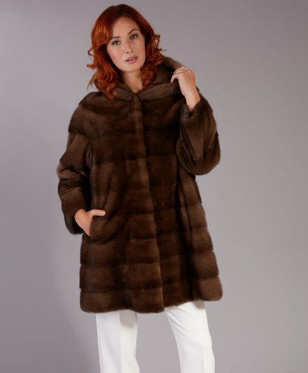 Mink fur coat with hood and long sleeve • brown color