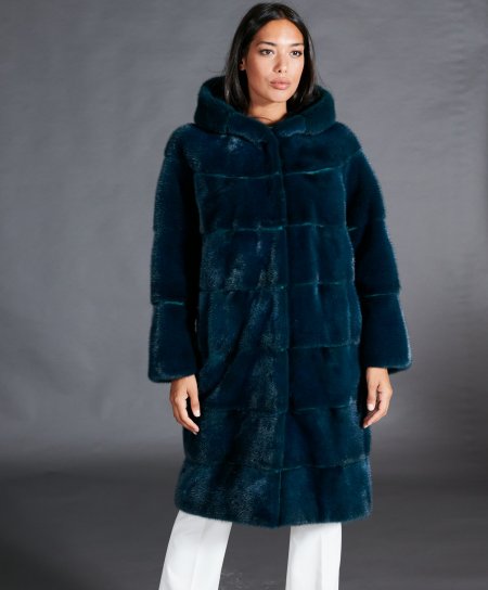 Mink fur coat with hood and long sleeve • petrol color