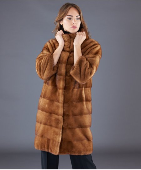 Mink fur coat ring collar sleeve 3/4 • honey color