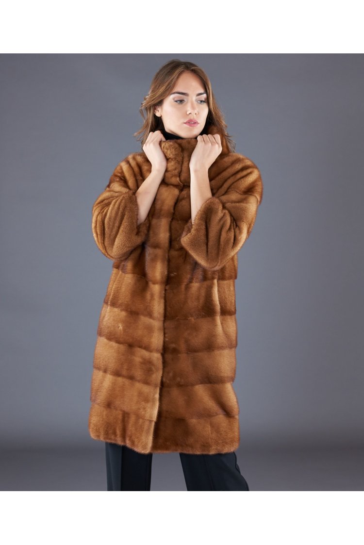 Mink fur coat ring collar sleeve 3/4 • honey color