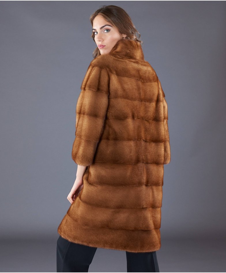 Mink fur jacket round wide collar and sleeve 3/4 honey - Furriers online