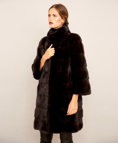 Mink fur coat high collar and long sleeve • mahogany color