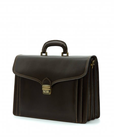 Dark brown classic work leather briefcase push closure