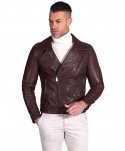Chiodo biker in pelle testa di moro con cintura effetto martellato
