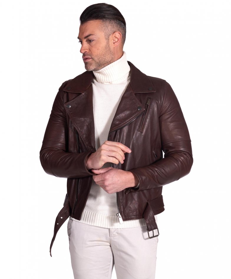 Man Leather perfecto Jacket belted wrinkled aspect dark brown Chiodo ...