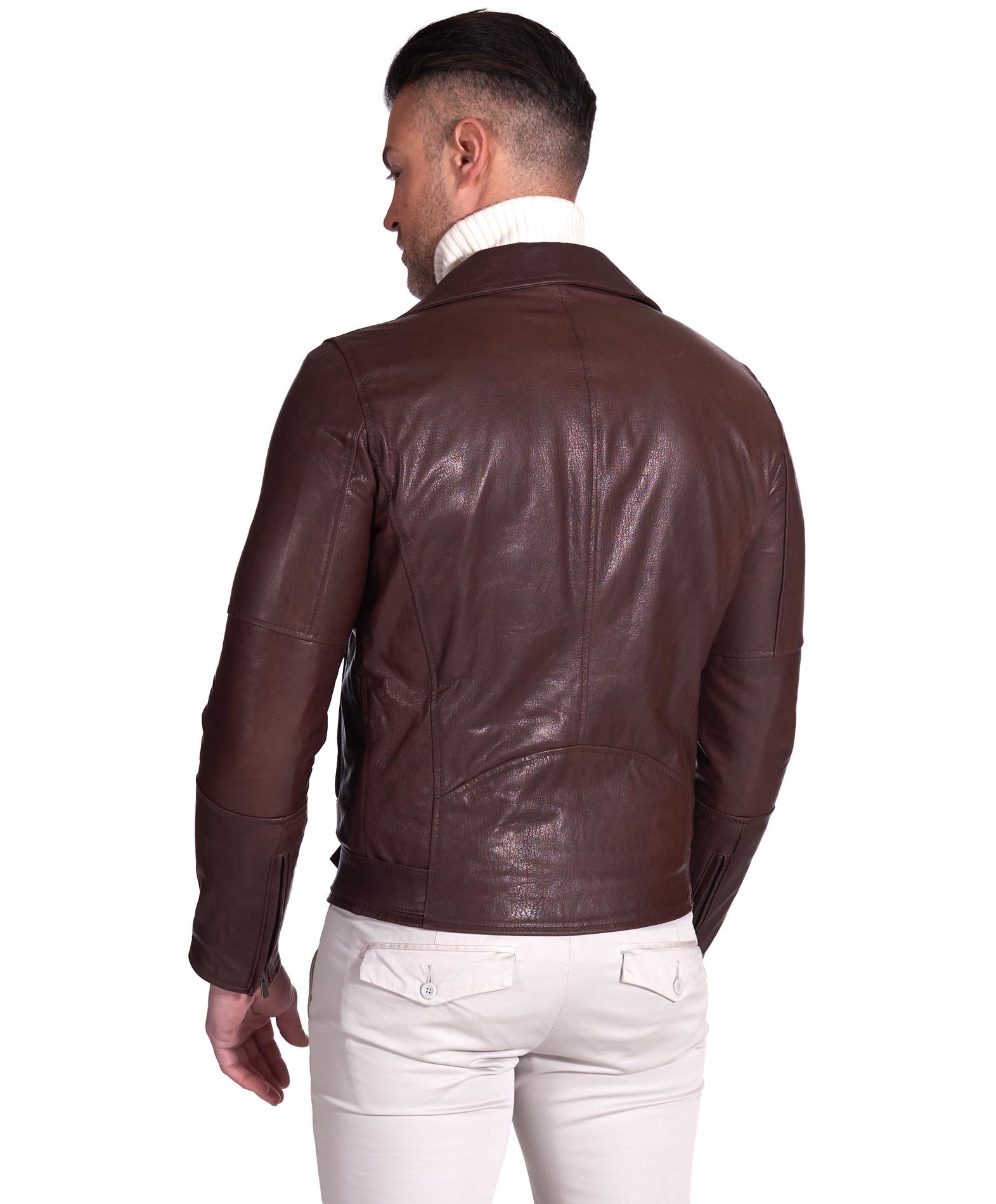 Man Leather perfecto Jacket belted wrinkled aspect dark brown Chiodo ...