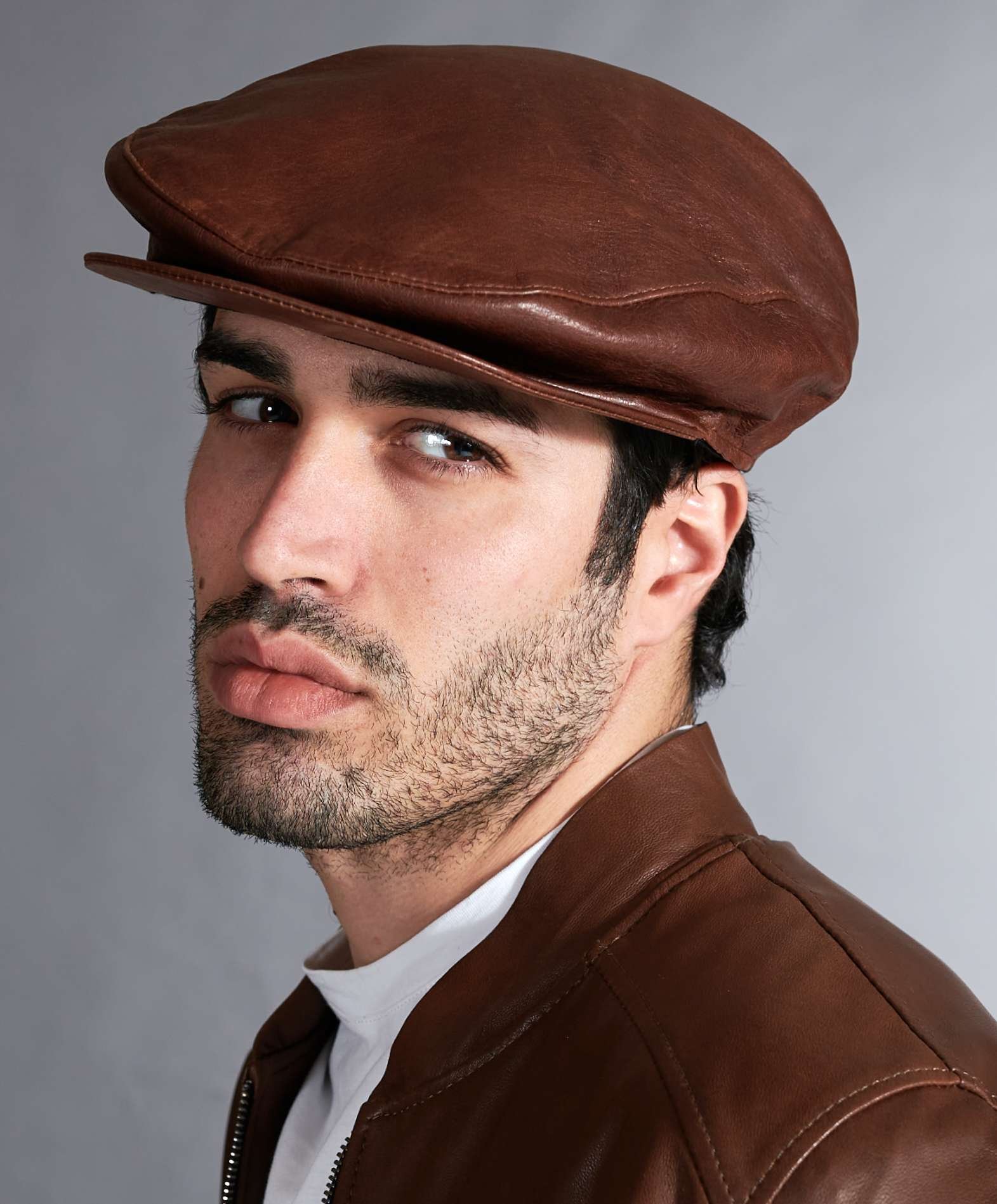Palermo flatcap leather brown D\'Arienzo vintage Men\'s visor leather beret | beret