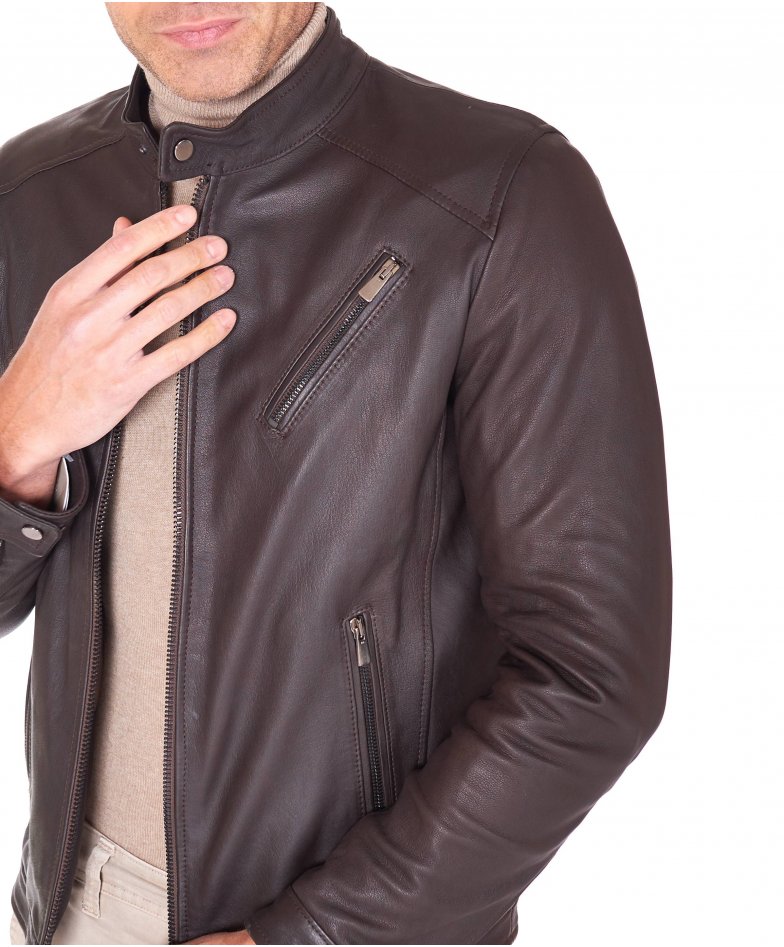 Biker Leather Jacket three pockets vintage aspect dark brown Carson | D ...