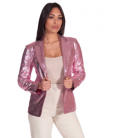 Pink laminated lamb leather jacket one button smooth effect