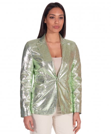 Light green laminated lamb leather jacket one button smooth effect